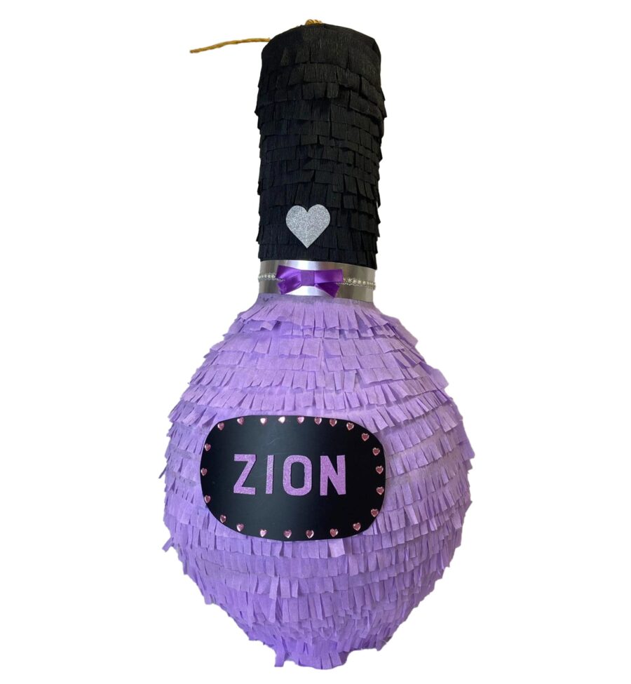 a purple pinata with black and purple paper